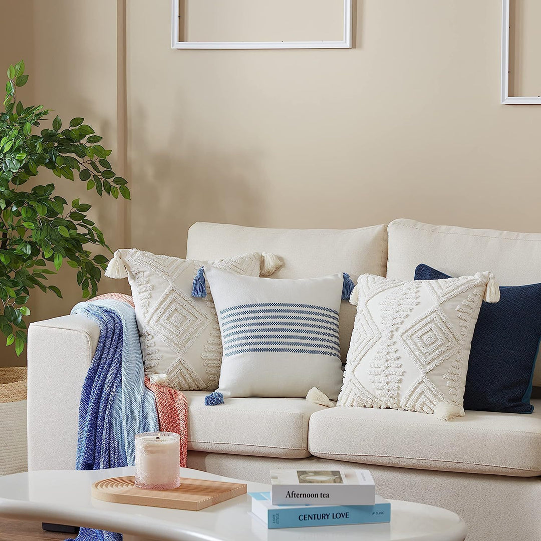 Square Boho pillow cover with hand-tufted diamond tufting, high-pile chenille relief, and corner tassels Stornfield