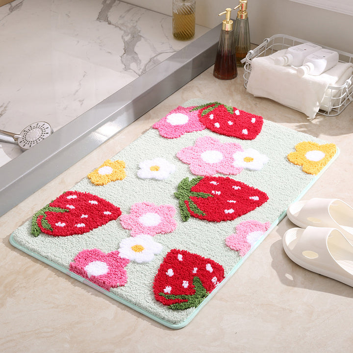 Floral Strawberry-Themed Bath Mat
