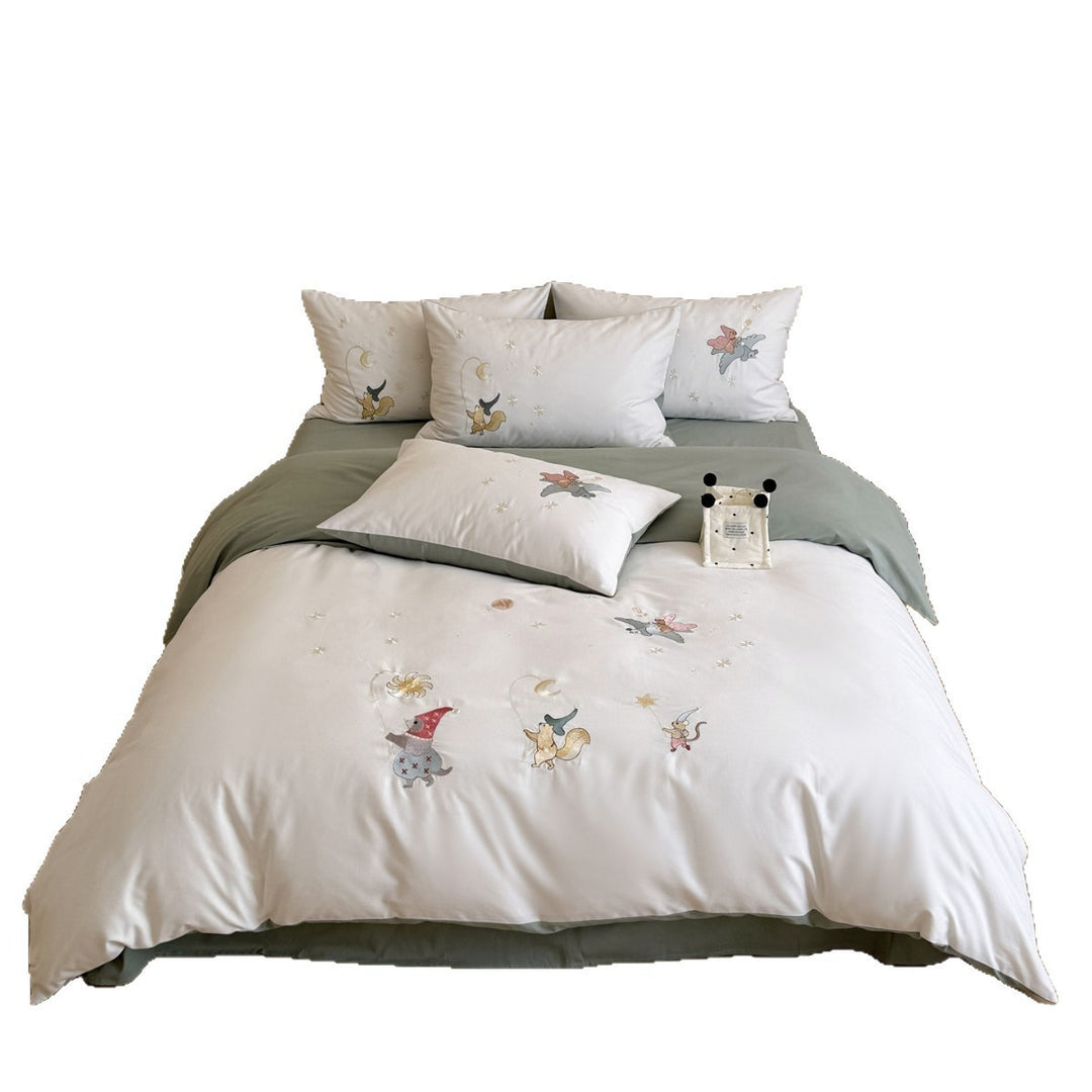 Kids Storybook Embroidered Duvet Cover Set with Percale Cotton and Corner Ties
