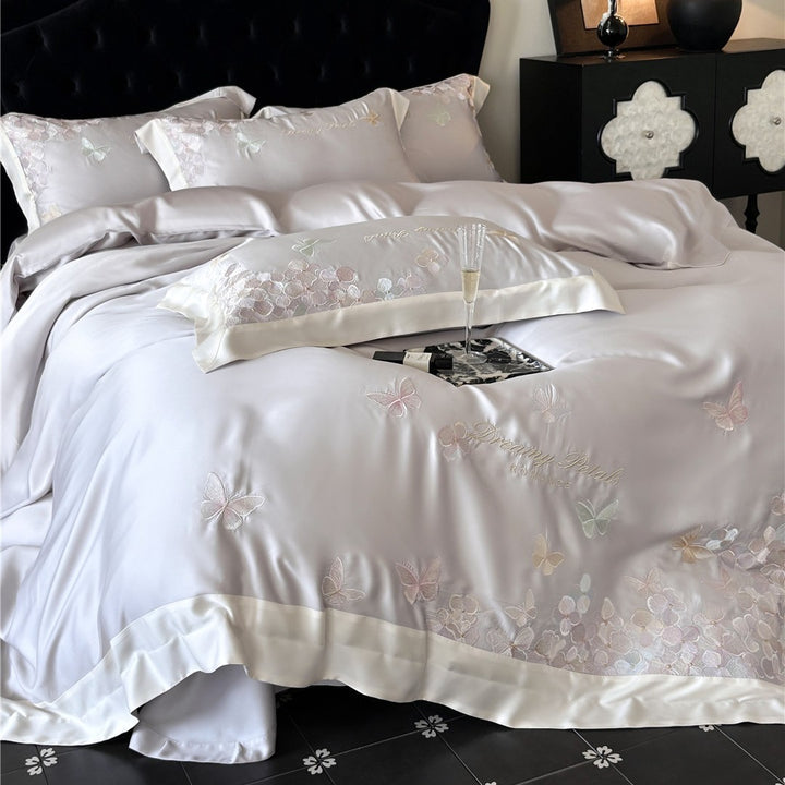 Silky Satin Embroidered Butterfly Duvet Cover & Pillow Sham Set