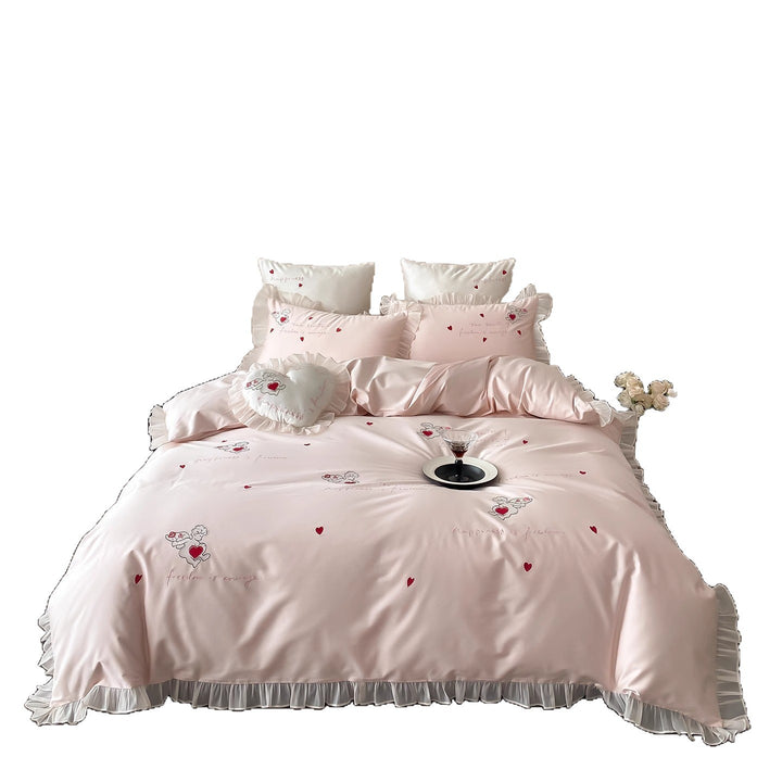 Ruffled Heart-Embroidered Cotton-Sateen Duvet Cover Set with Decorative Heart Cushion