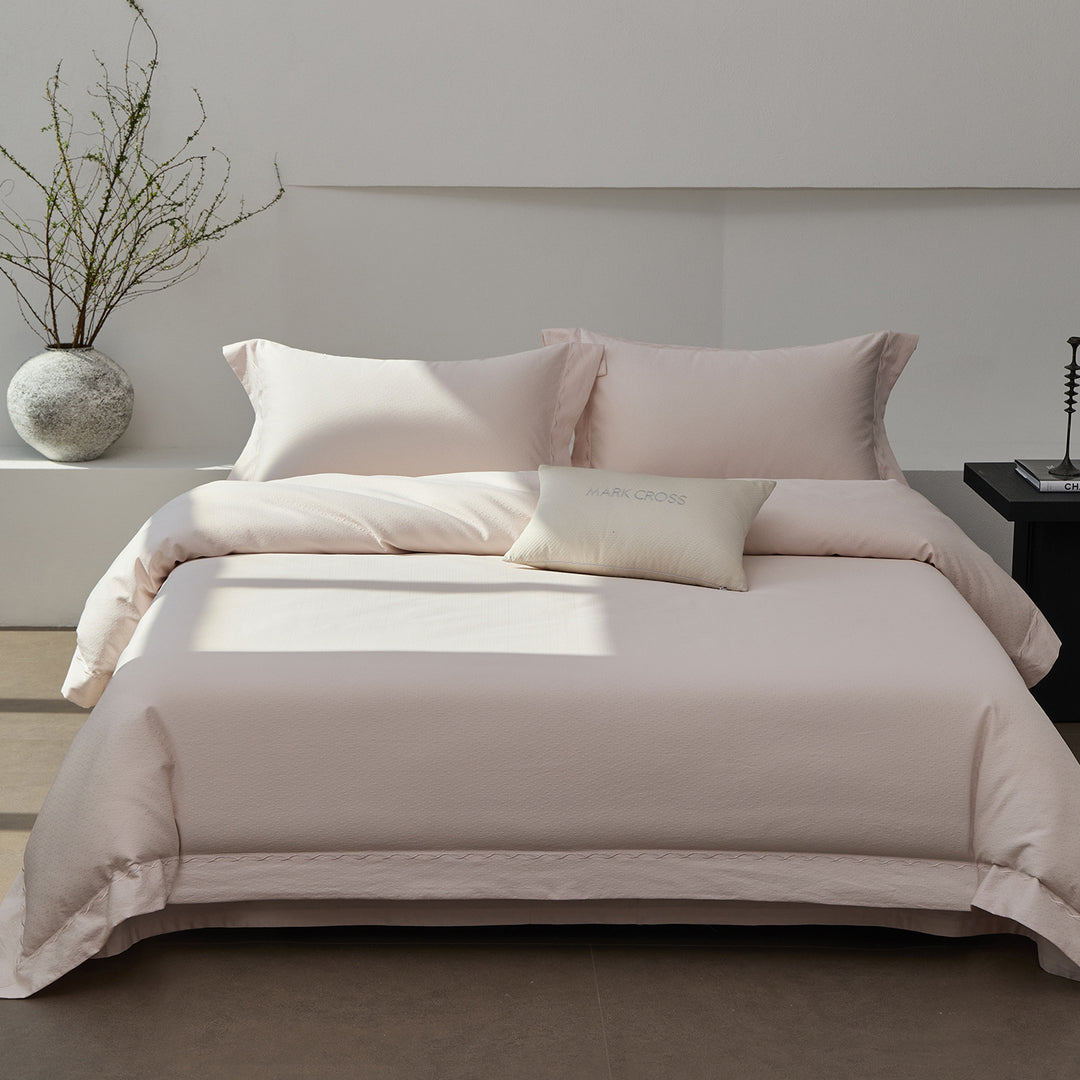 Textured Cotton Sateen Duvet Cover Set with Pillow Shams and Accent Cushion