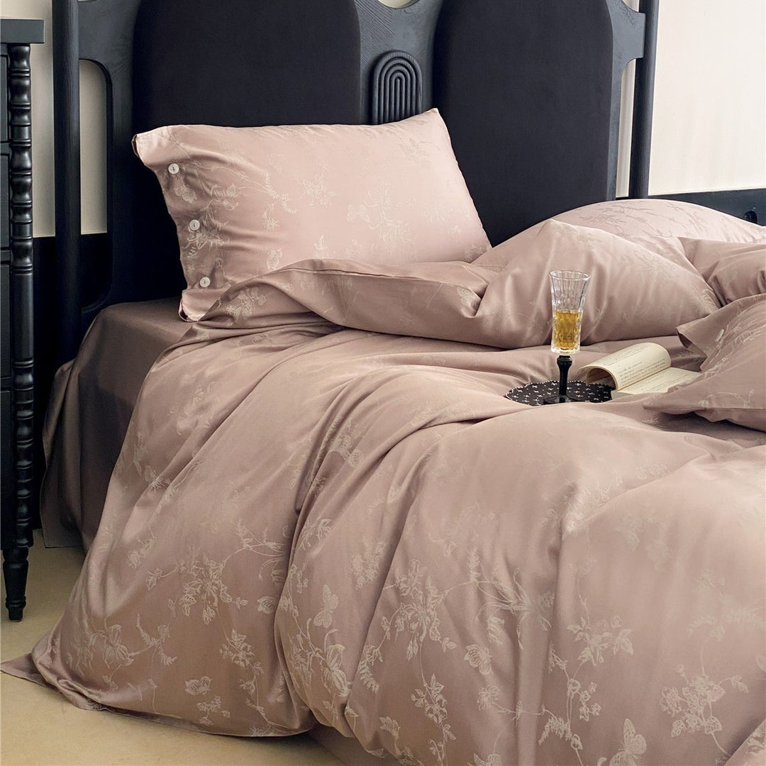 Satin-Blend Jacquard Floral Duvet Cover Set with Button-Closure Pillow Shams
