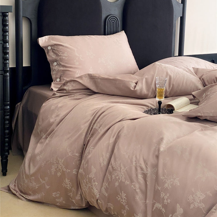 Satin-Blend Jacquard Floral Duvet Cover Set with Button-Closure Pillow Shams