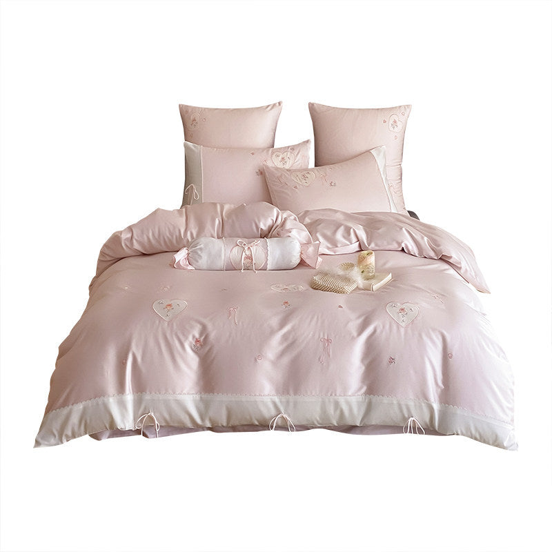 Romantic Embroidered Heart and Bow Satin-Trim Duvet Cover Set