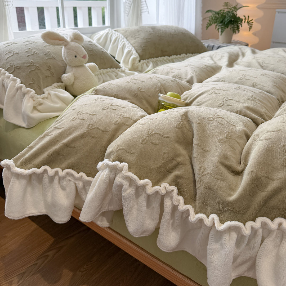 Embroidered Plush Quilted Duvet Comforter Set with Ruffled Skirt