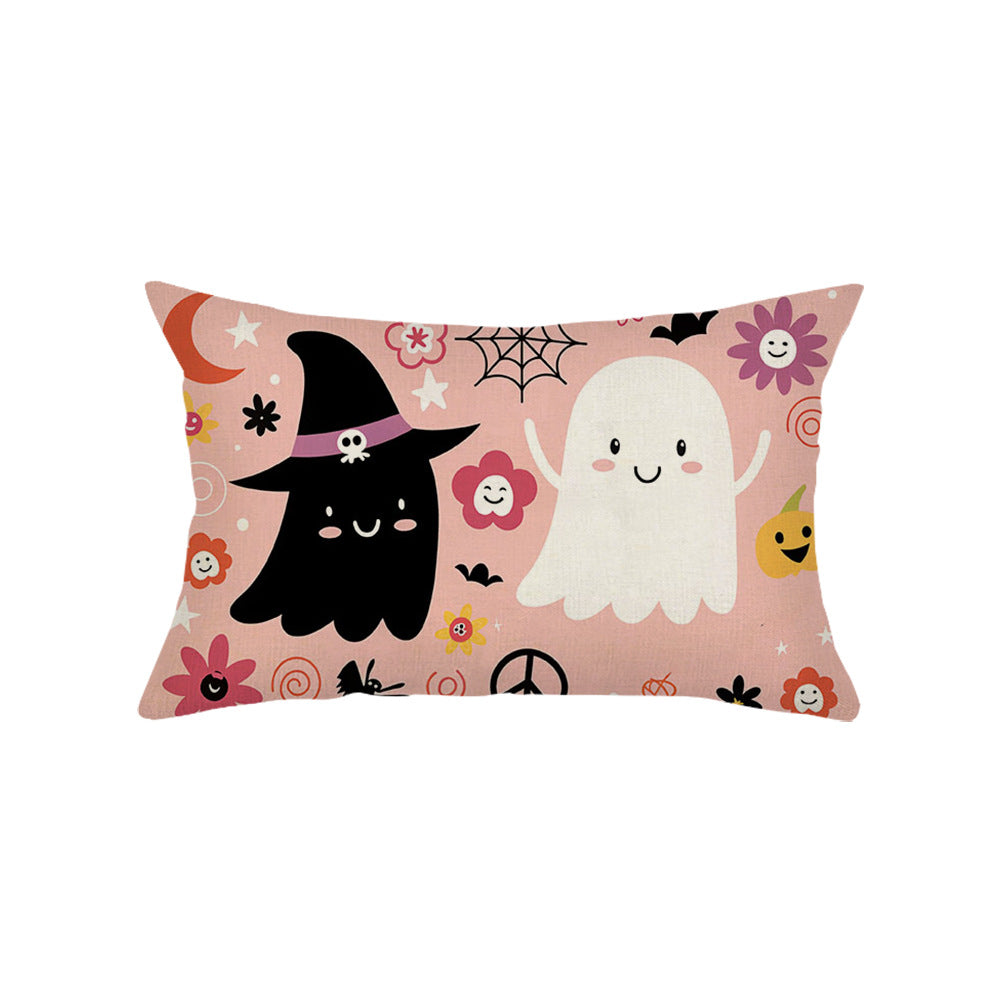 Rectangular Cotton-Linen Halloween Ghost Pattern Lumbar Pillow Cover