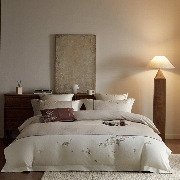 Embroidered Floral Cotton Sateen Duvet Cover Set