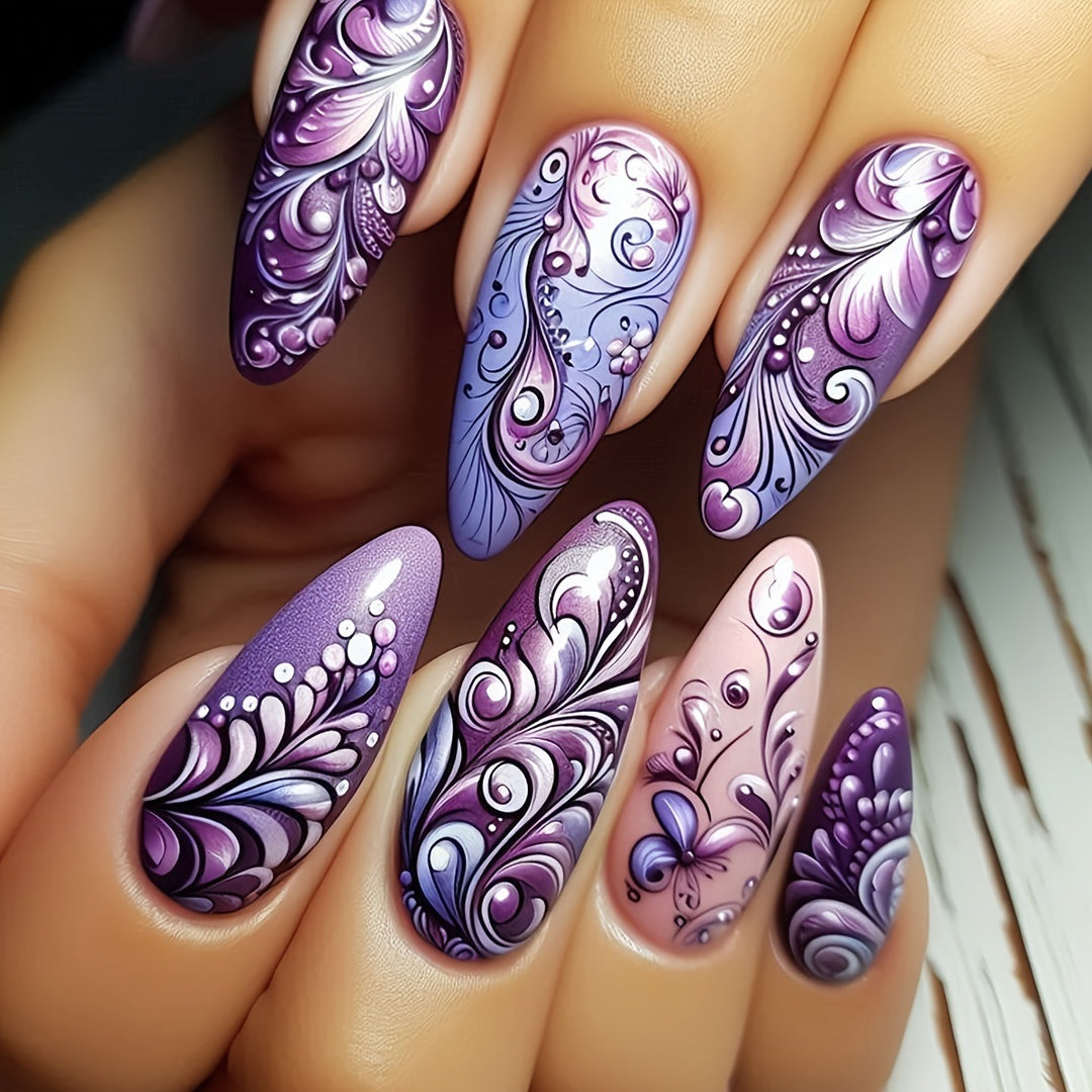 Creative artificial nails with floral and shimmering design elements Stornfield