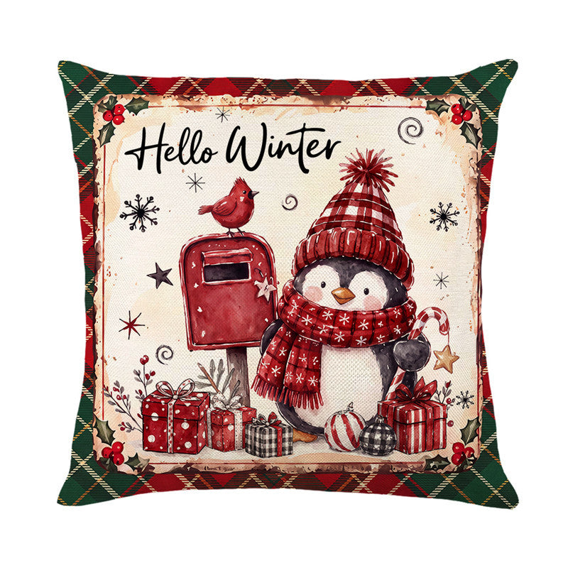 Festive Holiday Reindeer Decorative Square Pillow Cover with Plaid Border and Concealed Zipper