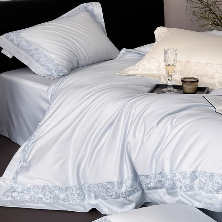 Silky Micro-Sateen Rose-Scroll Embroidered Duvet Cover Set with Scalloped Hem & Pillow Shams