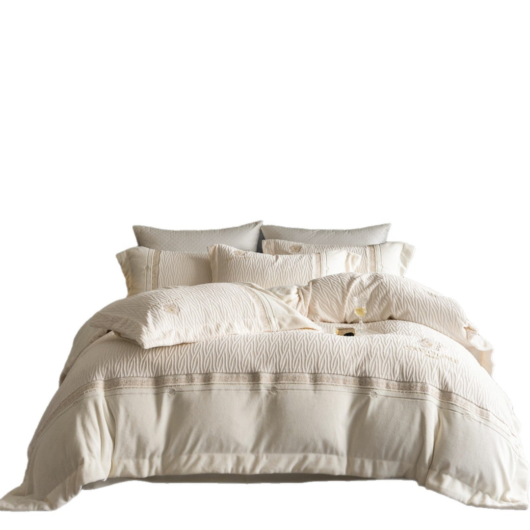 Wavy-Quilted Cotton Duvet Cover Set with Lace-Trim Border
