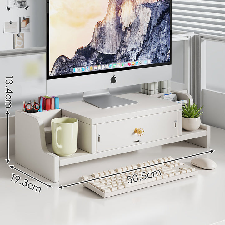 Elevated Bamboo Desktop Stand with Lockable Drawer and Integrated Cup & Stationery Caddy
