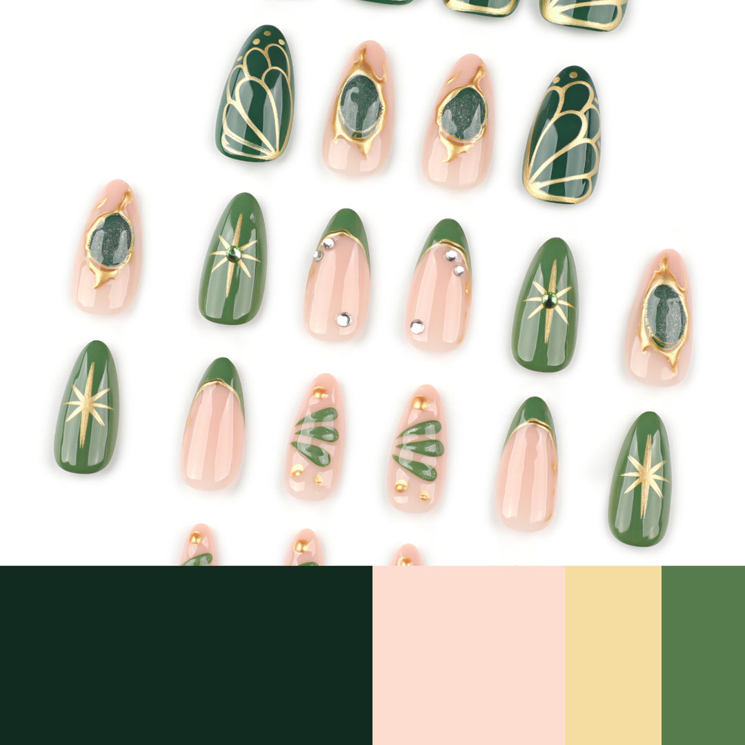 Artistic nail extensions with elegant gold and green shimmer Stornfield
