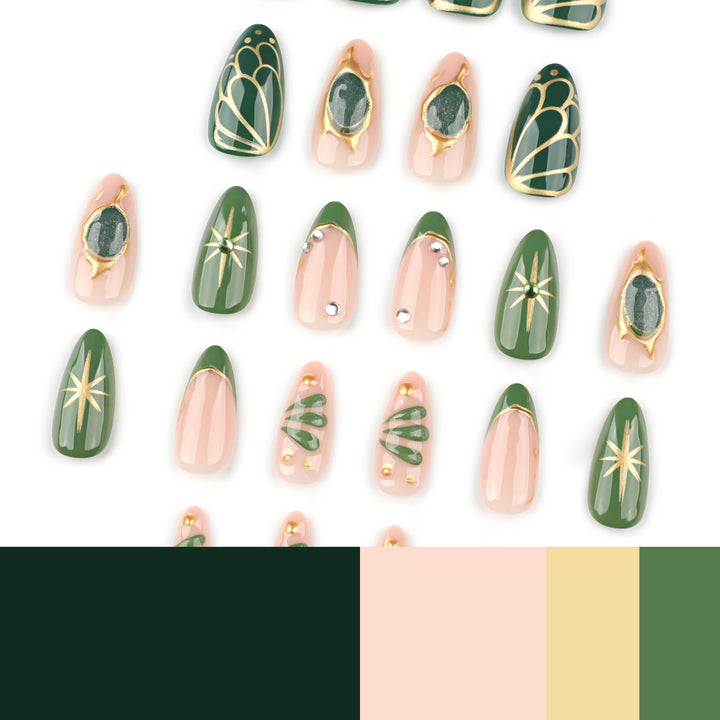 Artistic nail extensions with elegant gold and green shimmer Stornfield
