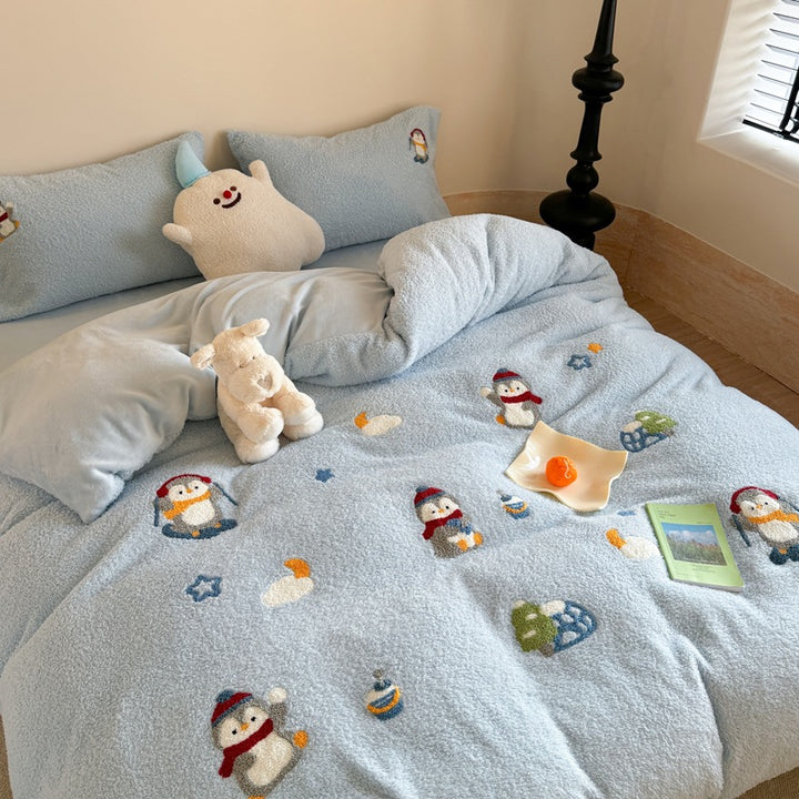 Plush Sherpa Embroidered Penguin Reversible Comforter Set with Pillow Shams and Decorative Cushion