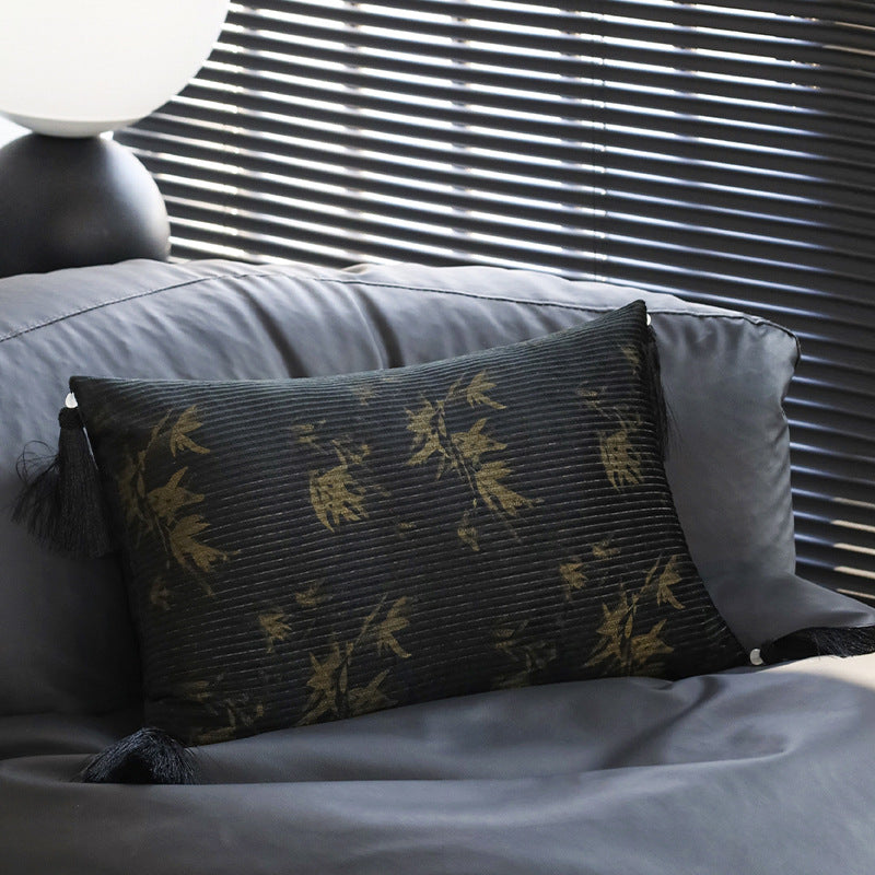 Square decorative cushion made of velvet with relief longitudinal stripes and fringe tassel Stornfield