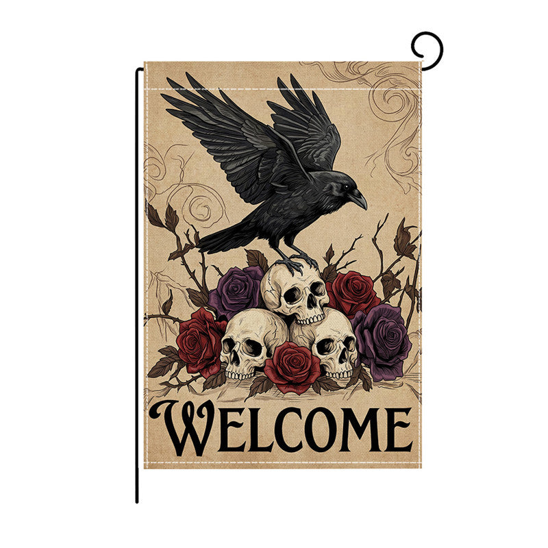 Outdoor Halloween Garden Flag Double-Sided Polyester Yard Banner with Skeleton and Jack-o'-Lantern Illustration