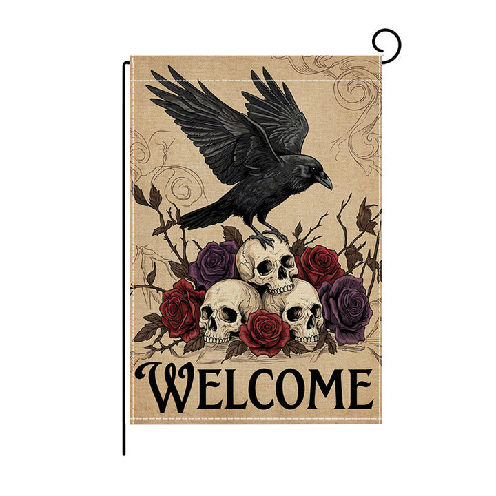 Outdoor Halloween Garden Flag Double-Sided Polyester Yard Banner with Skeleton and Jack-o'-Lantern Illustration