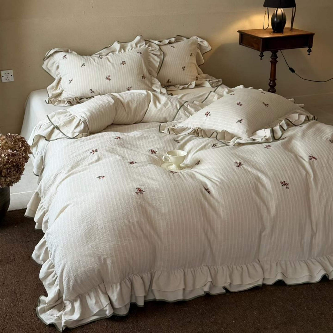 Ruffled Embroidered Cotton Duvet Cover Bedding Set with Pillow Shams