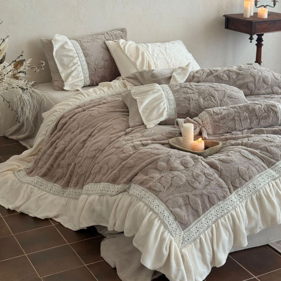 Embossed Floral Quilted Duvet Cover Set with Ruffled Skirt Lace-Trim & Bolster Pillow