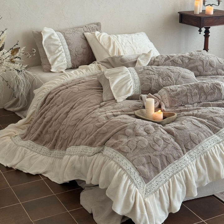 Embossed Floral Quilted Duvet Cover Set with Ruffled Skirt Lace-Trim & Bolster Pillow