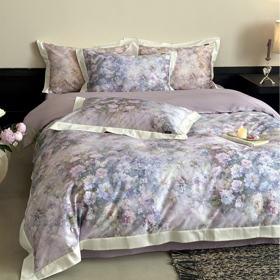 Luxury Floral Brushstroke Cotton-Sateen Duvet Cover Set with Silk-Feel Finish