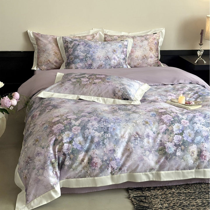 Luxury Floral Brushstroke Cotton-Sateen Duvet Cover Set with Silk-Feel Finish