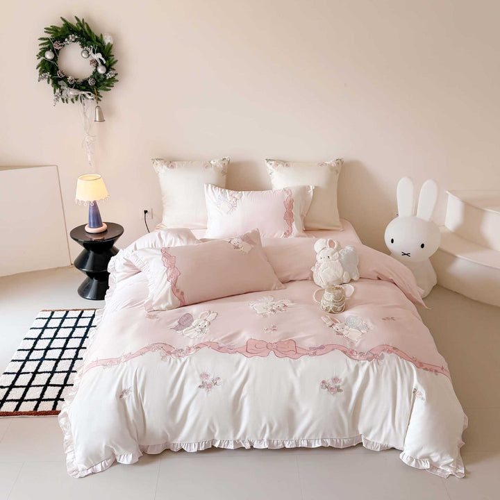 Pastel Embroidered Bunny Cotton Duvet Cover Set with Ruffled Hem and Decorative Bow Motif