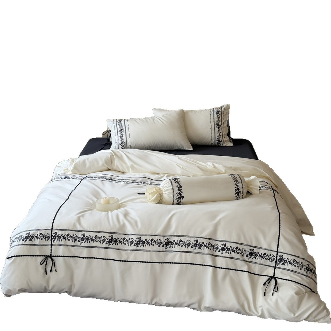 Embroidered Floral Border Cotton Sateen Duvet Cover Set with Pillow Shams and Bolster