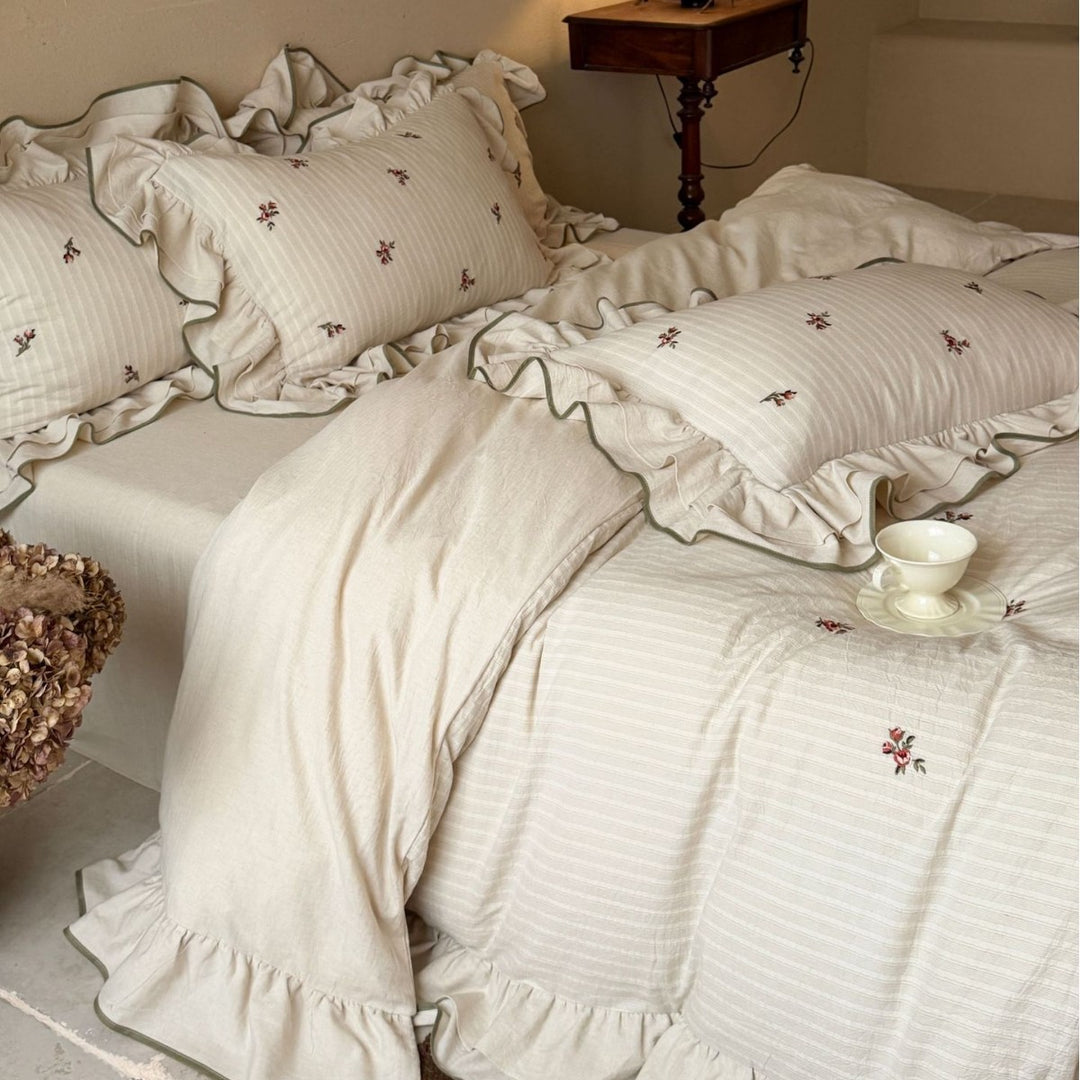 Ruffled Cotton Embroidered Duvet Cover Set with Pillow Shams