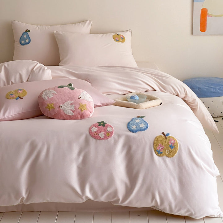 Children's Playful Appliqué Cotton Duvet Cover Set with Pillow Shams & Plush Accent