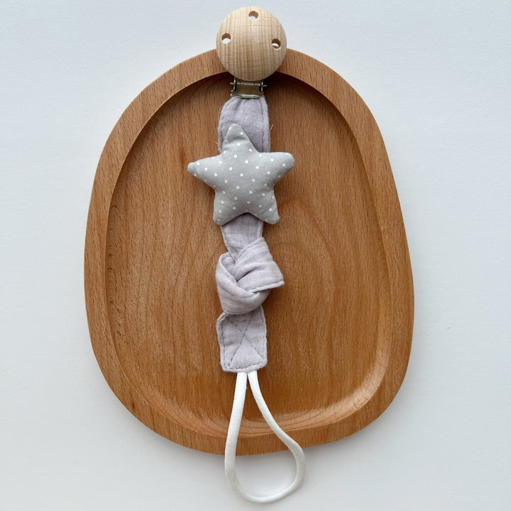 Wooden Clip Fox Plush Pacifier Holder with Knotted Muslin Strap