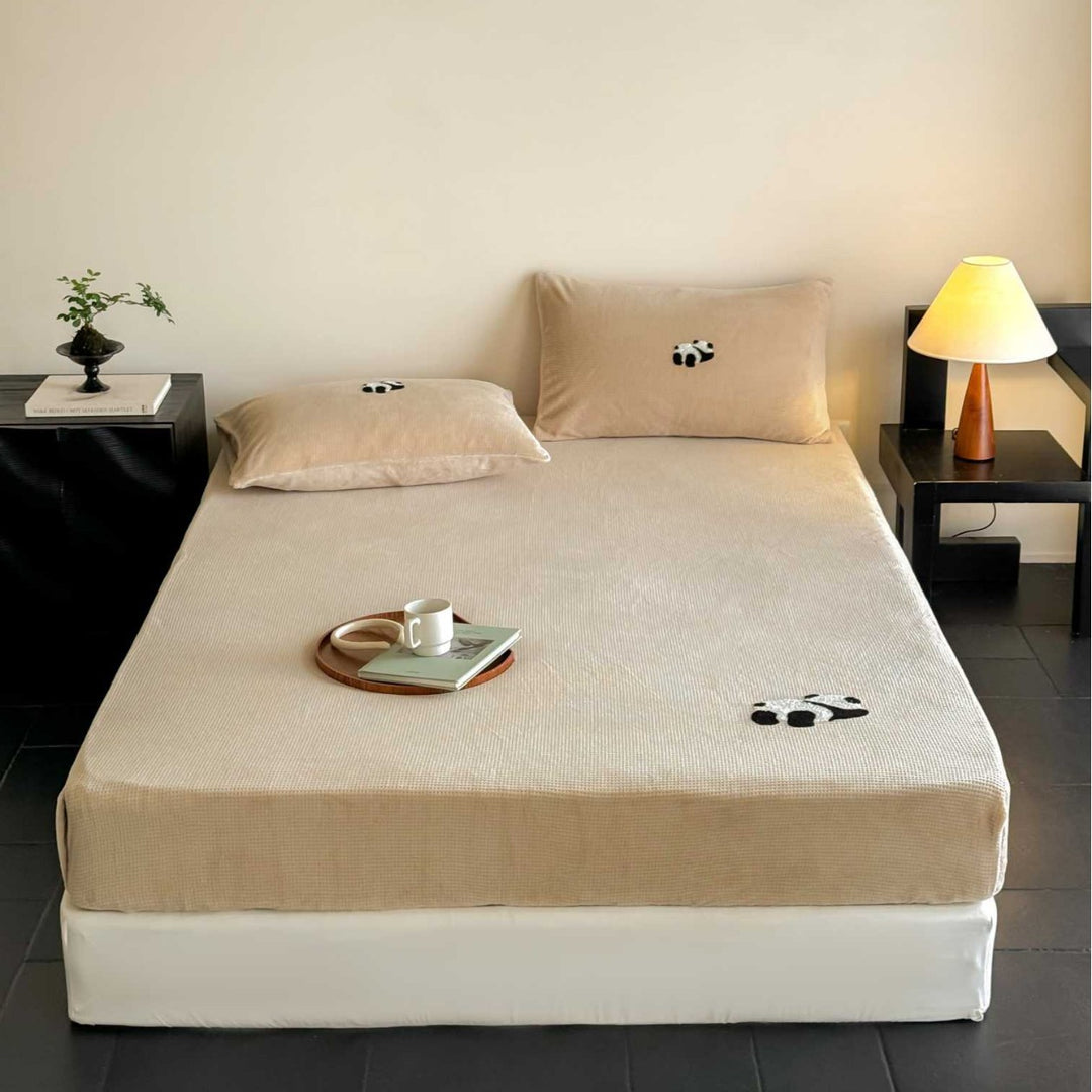 Corduroy Textured Fitted Bed Sheet and Pillowcase Set with Embroidered Panda Accents
