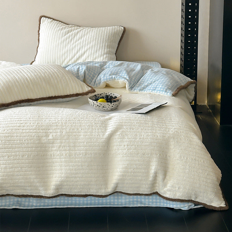 Reversible Quilted Duvet Cover Set with Plush Ribbed Shams and Faux-Fur Trim