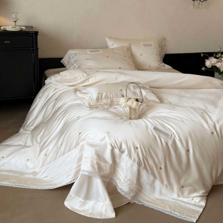 Luxury Embroidered Satin Duvet Cover Set with Lace Trim