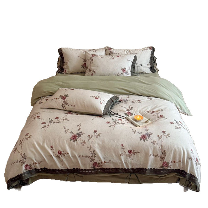 Floral Cotton-Linen Duvet Cover Set with Lace Trim and Ties