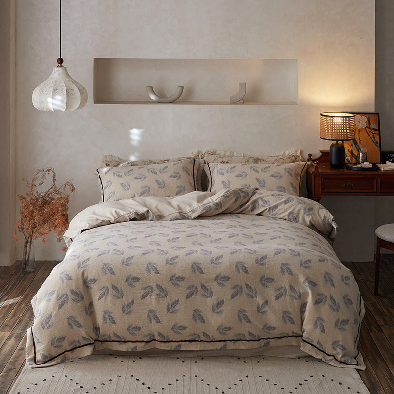 Washed Linen-Cotton Leaf Motif Duvet Cover Set with Piped Hem & Pillow Shams