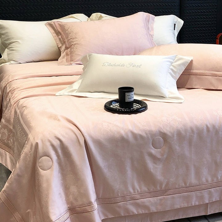 Premium bedding set made of cotton satin with subtle circle stitching and hotel closure