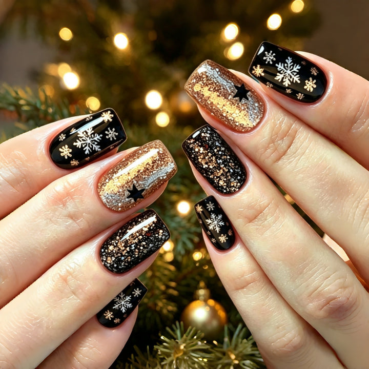 Creative artificial nails with sparkling glitter and festive winter design Stornfield