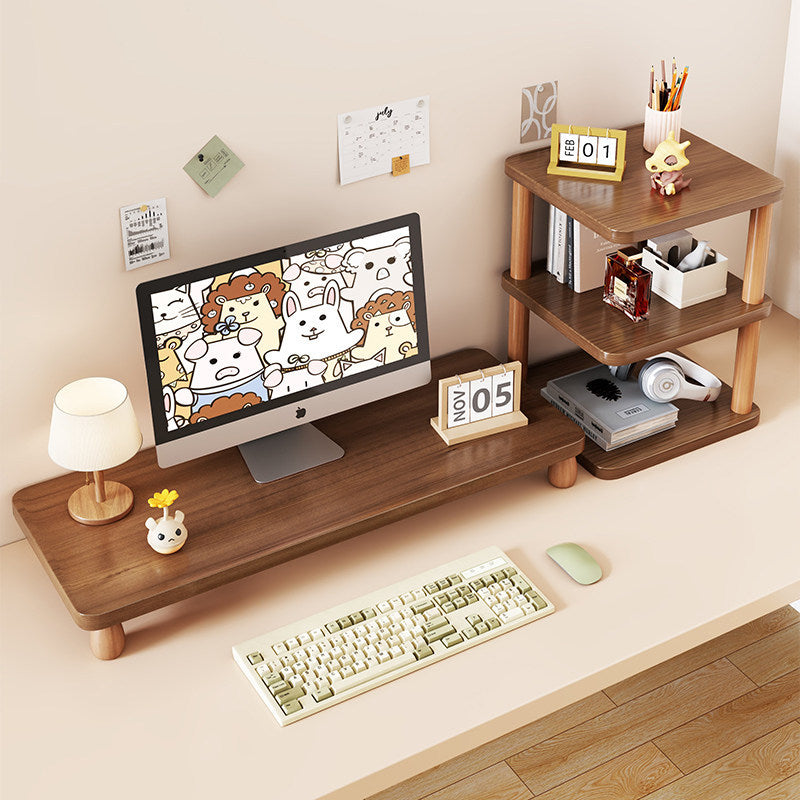 Solid Wood Monitor Riser with Tiered Desk Organizer and Cable Management