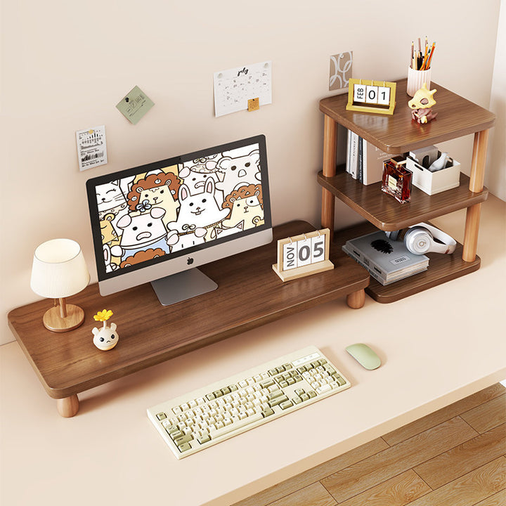 Solid Wood Monitor Riser with Tiered Desk Organizer and Cable Management