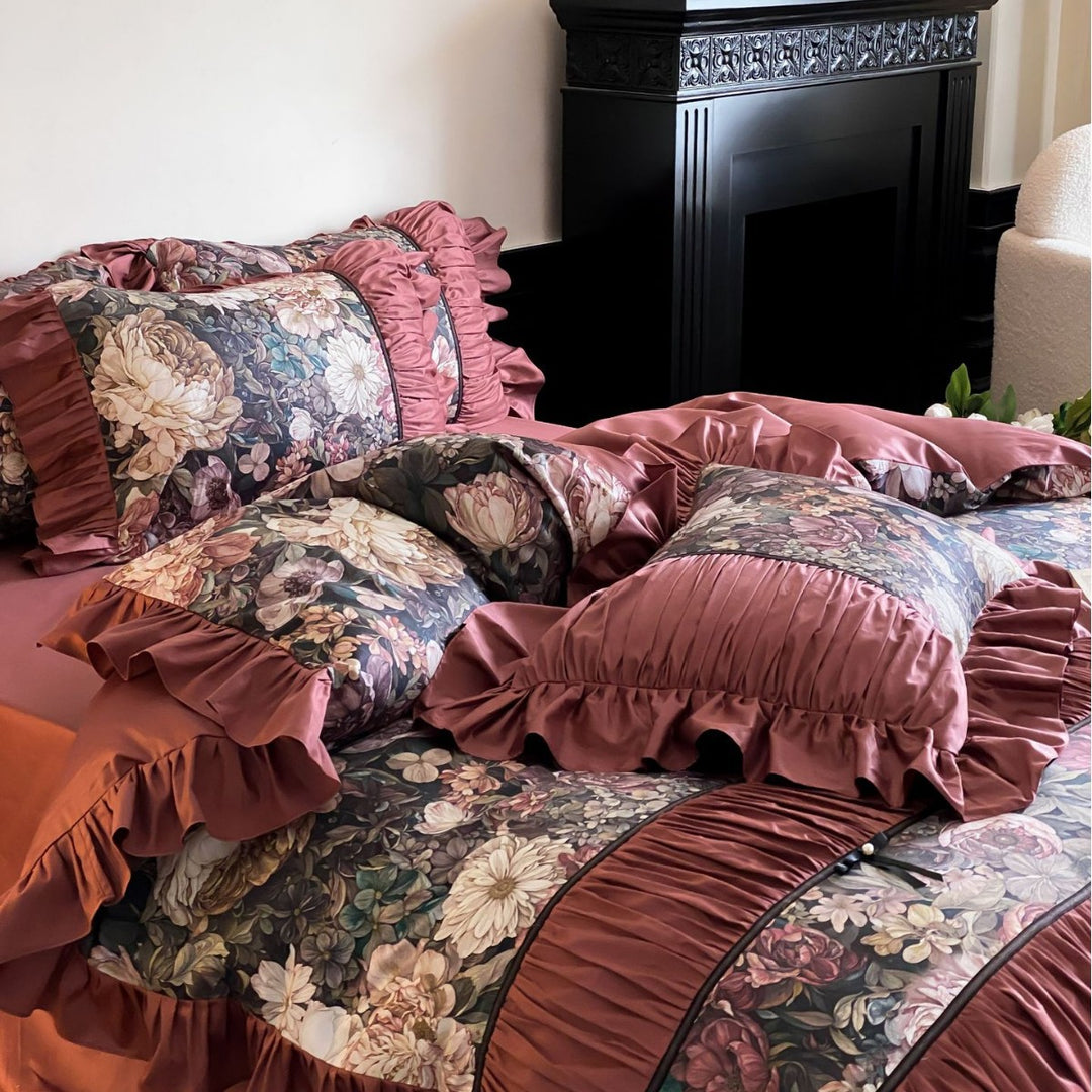 Romantic cotton satin bedding set with ruffles, quilted bedspread and decorative pillow