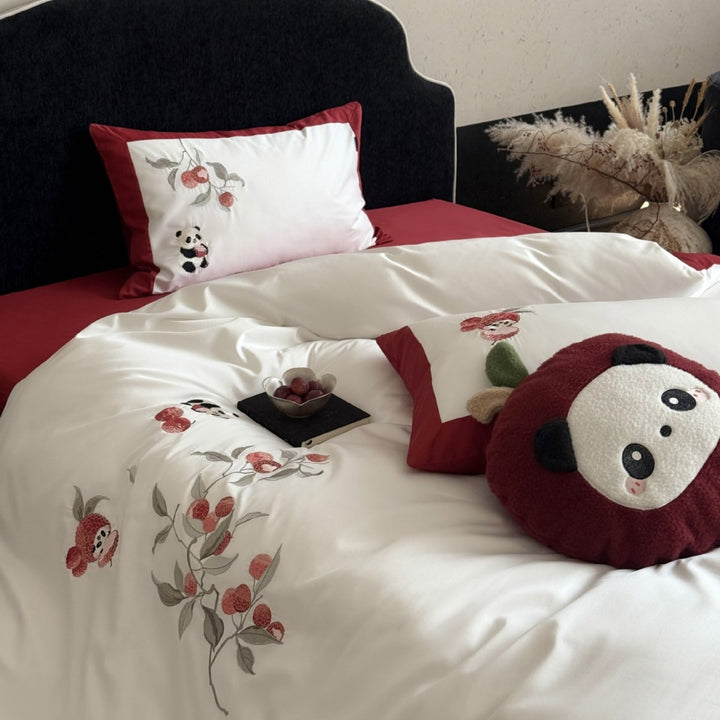 Embroidered cotton satin bed linen set with floral apple and panda appliqué Stornfield