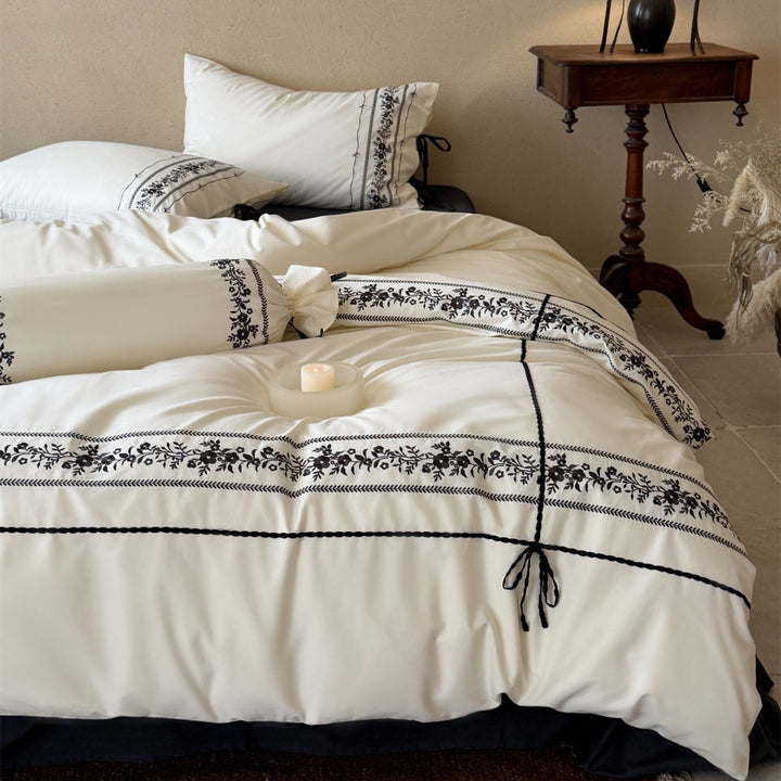 Embroidered Floral Border Cotton Sateen Duvet Cover Set with Pillow Shams and Bolster