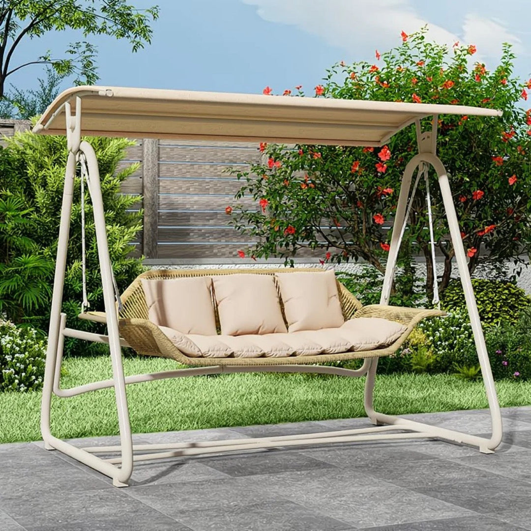 Woven rattan outdoor swing loveseat with padded cushions and powder-coated steel frame Stornfield