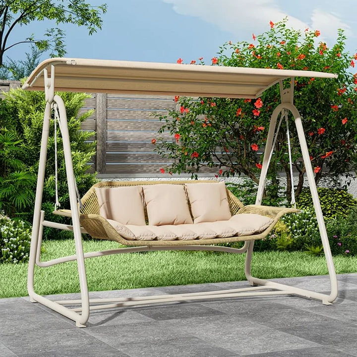 Woven rattan outdoor swing loveseat with padded cushions and powder-coated steel frame Stornfield