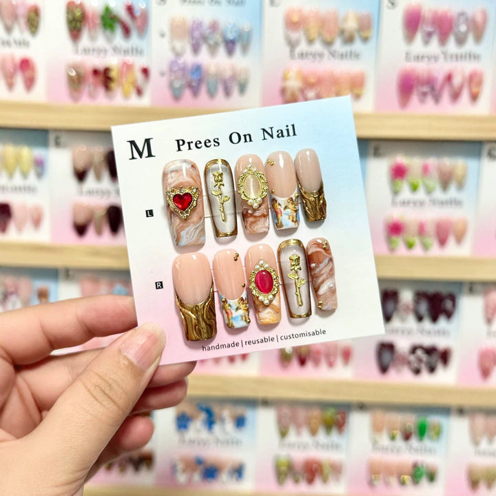 Handmade Decorative Press-On Nail Art Set with Ornate Gem Accents
