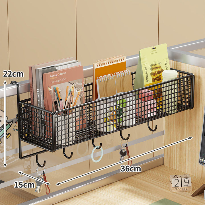 Desk Rail-Mounted Mesh Organizer Basket with Hooks