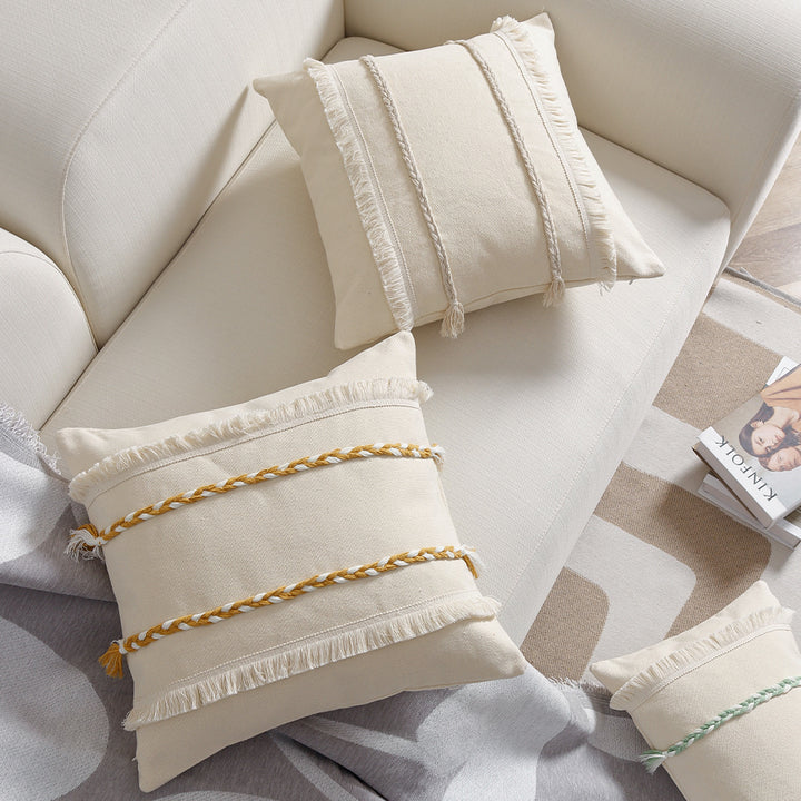 Premium cushion cover made of cotton-linen with triple decorative cord and fringes